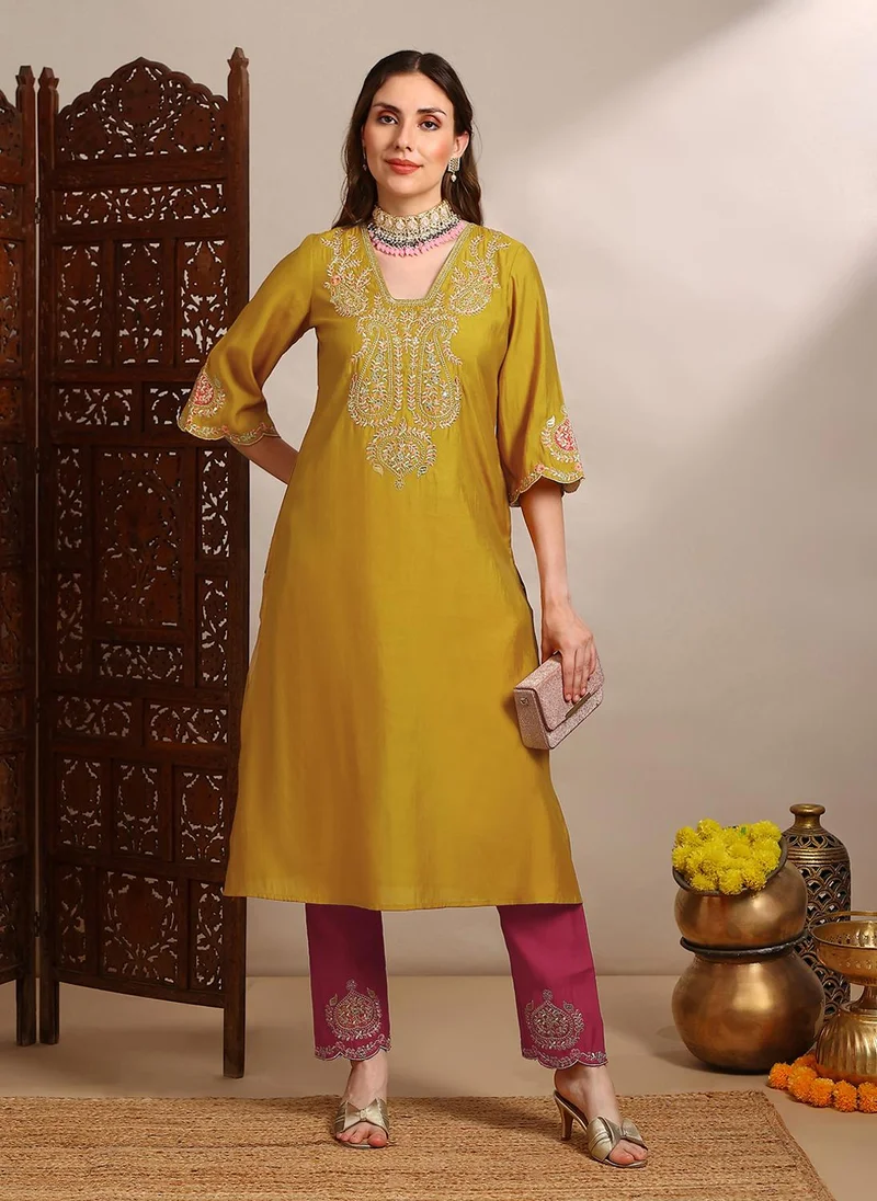 globus Globus Women Yellow Zari Embroidered Yoke V-Neck Scalloped Bell Sleeves Straight Kurta With Pants Festive Set